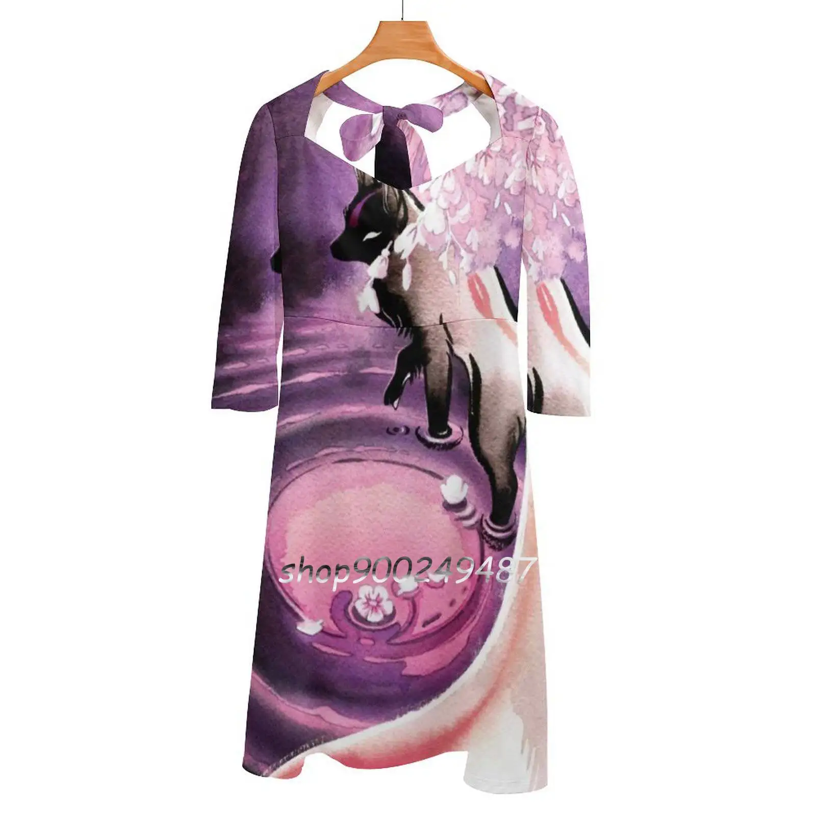 

Rose Moon Sakura Blossom Fox Square Neck Dress Cute Loose Print Dresses Elegant Beach Party Dress Fox Sakura Cherry Blossom