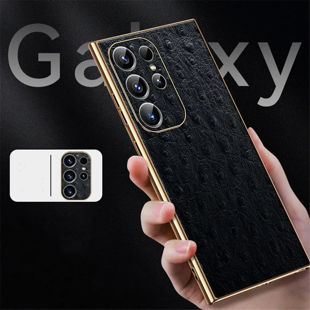 

Premium Cowhide Leather Case For Samsung Galaxy S25 Ultra S24 S23 Ostrich Pattern Armor Cover