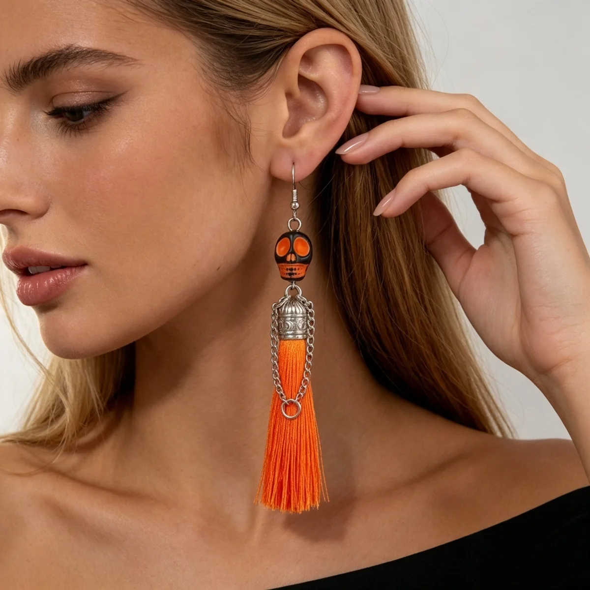 Halloween-Ohrringe mit bunten Quasten und Totenkopf-Anhänger für Damen, Punk-Street-Vintage-Cosplay-Ohrringe mit Skelett-Motiv, Schmuck – Detail 7