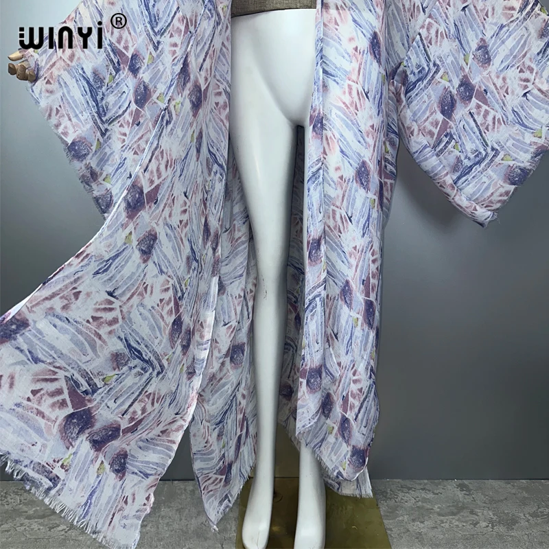 WINYI ボヘミアンプリント着物カーディガン レディースコート ルーズロングコート ホリデービーチカバーアップ パーティードレス 高級ドバイアバヤマキシドレス