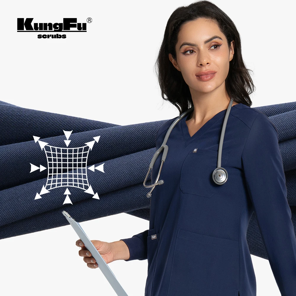 Kungfu scrubs feminino de manga comprida médico não formal com impermeável antibacteriano respirável esfrega vestido cirúrgico enfermeira workwear