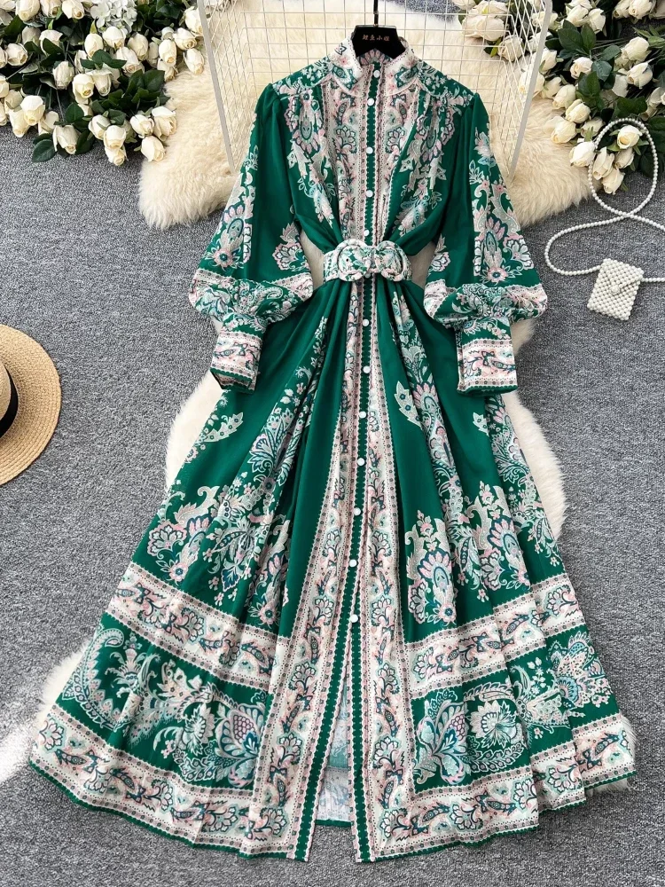 

Spring France Elegant Vintage Palace Evening Dress Women Print Sashes Button Long Party Dress Female Casual Holiday Clothing New