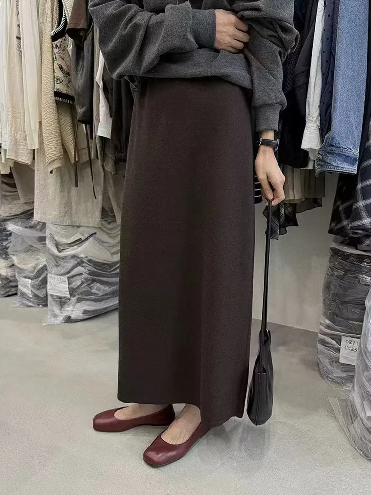 Korean Winter Cashmere Knitted Long Skirts for Women Fashion Mid-length High Waist A-line Skirts Female Straight Leg Skirt D810