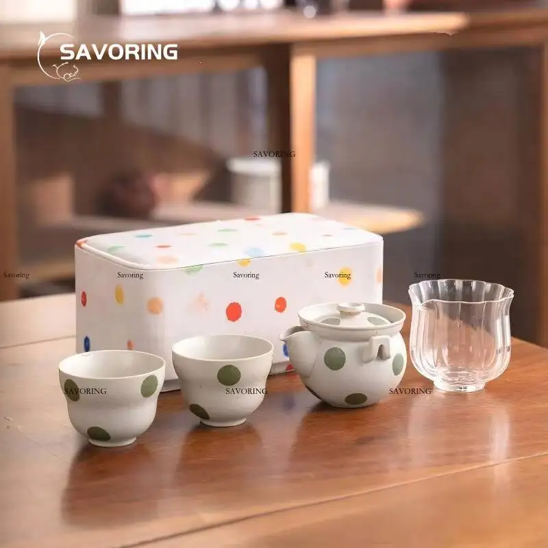 Hand-Painted Green Dot Tea Set Tea Ceremony Set With Bag Full Porcelain Cups Ceramic Gongfu Travel Gaiwan Pair Chinese Cup Pot