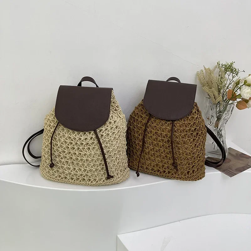 Sac à dos en paille PU évidé pour femme, grande capacité, simple et polyvalent, haute qualité, vacances décontractées, mode estivale, 2025