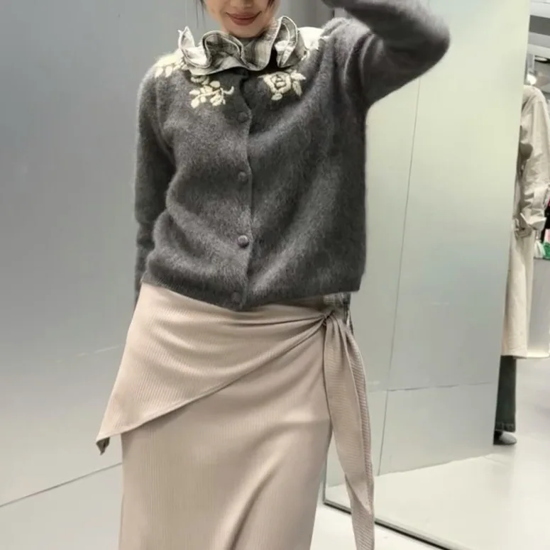 Grey Round Neck Knit Cardigan Women Vintage Embroidery Long Sleeve Wool Sweater Autumn Winter 2025 sweater y2k