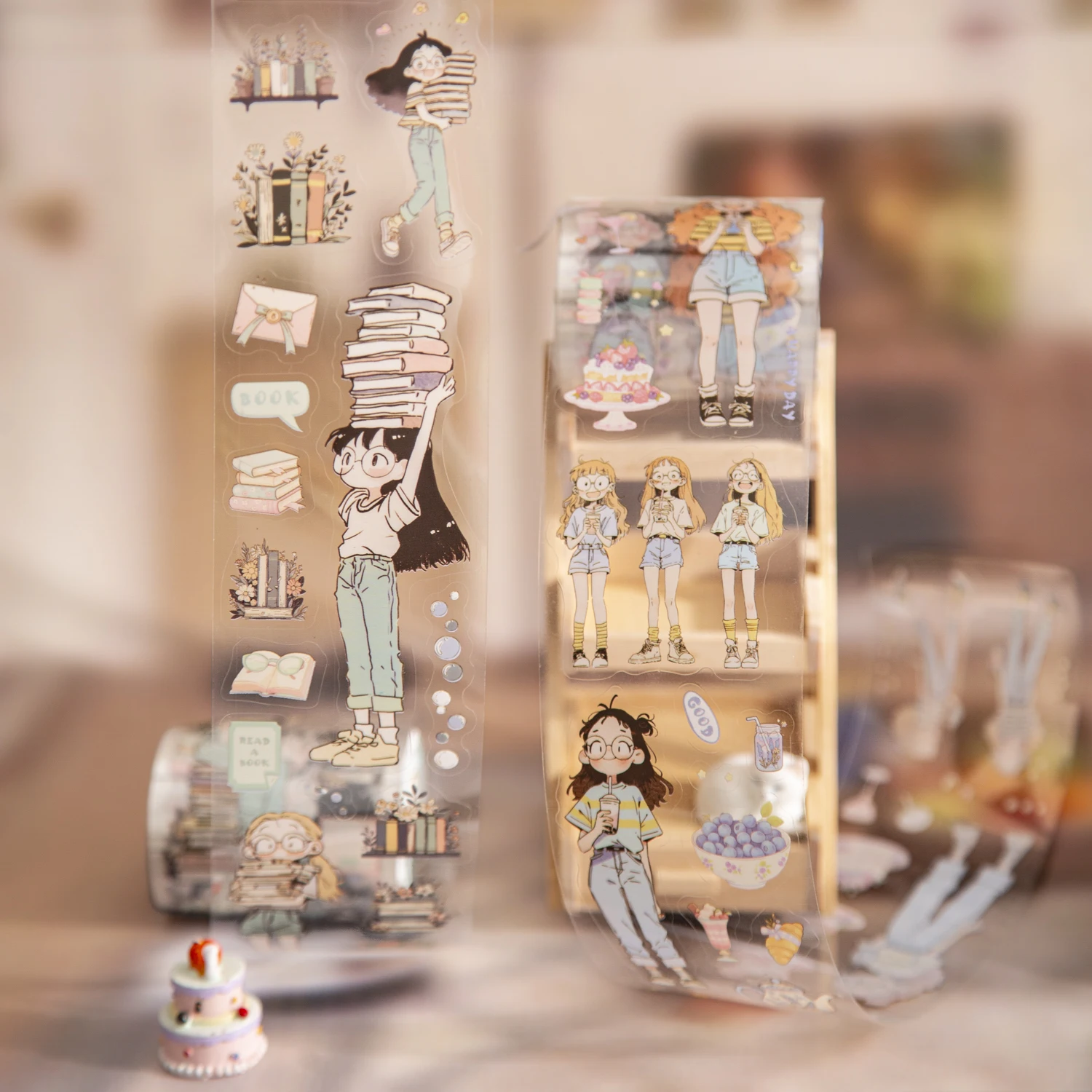 

50mm*200cm Jinxiaojiu and Nuonuo Series Kawaii Girl Cat Landscape PET Tape Creative DIY Journal Material Collage Stationery