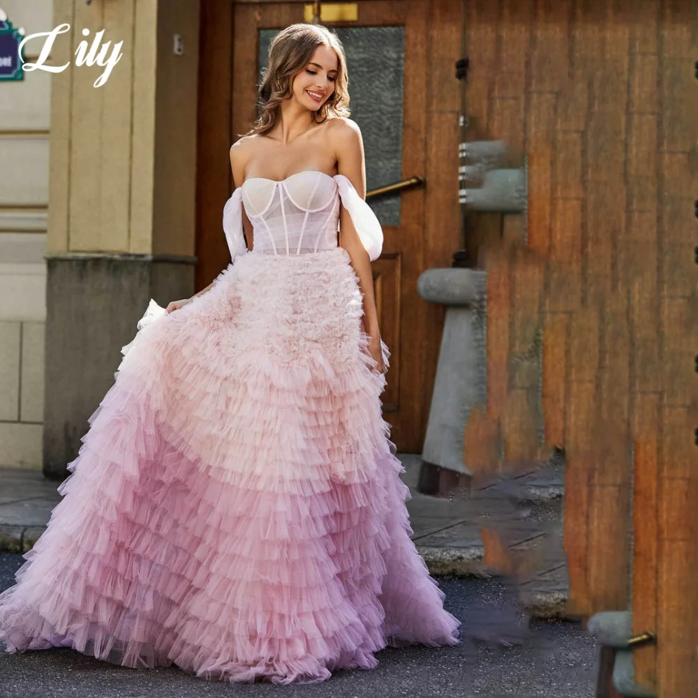 

Элегантное вечернее платье с розовым градиентом лилии, милое платье для выпускного вечера с открытыми плечами, многослойное вечернее платье трапециевидной формы со шлейфом по индивидуальному заказу