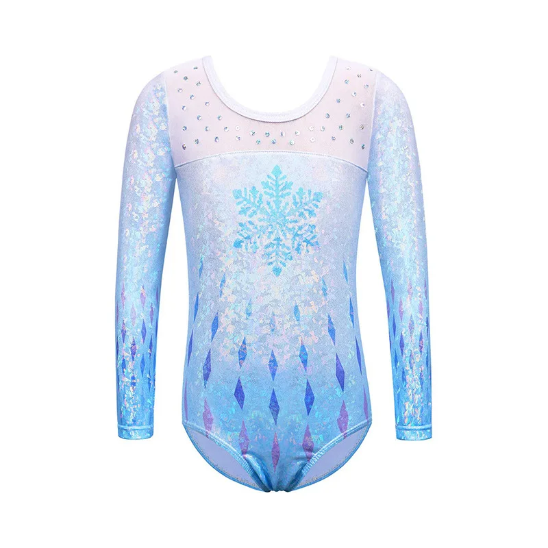 Elastic Kids Girls Gymnastics Leotards Children Long Sleeve Ballet Bodysuit crystal snowflake Figure Ice Skating Jumpsuit