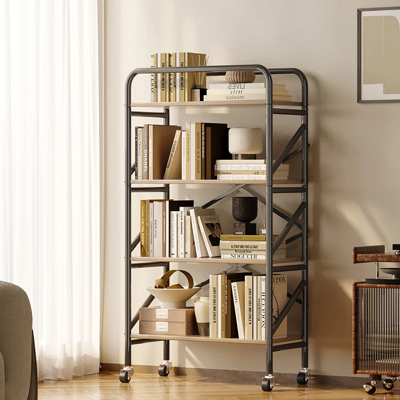 

Modern Four-Layer Mobile Bookshelf Steel-Wood 4 Tier Metal Bookcase With Wheels For Home Office Living Room Book Storage Rack