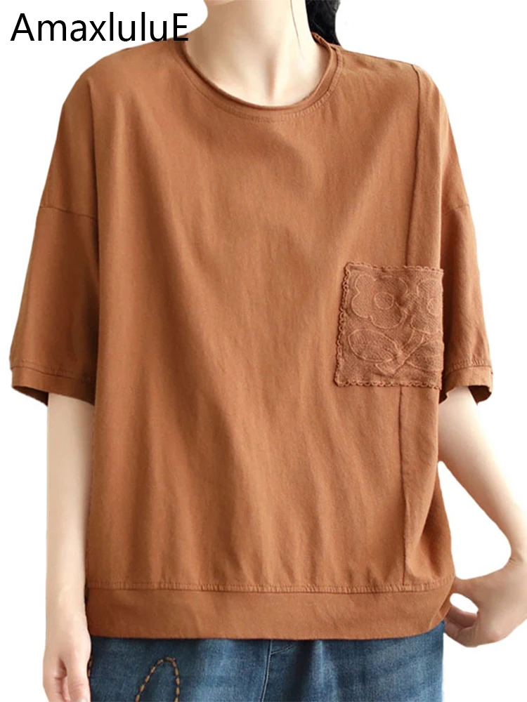 

Amax luluE Summer Tees Womens Fashion Loose Cotton T-shirts Ladies Luxury Casual Vintage Harajuku O Neck Tops Classic Clothes