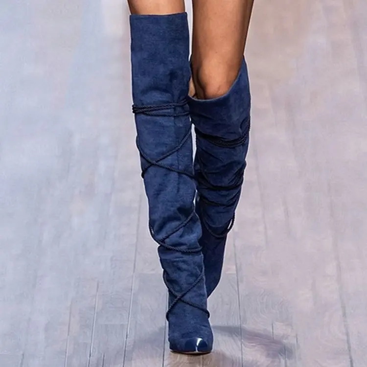 

Blue Stiletto Heel Thigh High Boots Pointed Toe Wrapped Denim Boots Fashion Show Sexy Lady Autumn Casual Over The Knee Boots