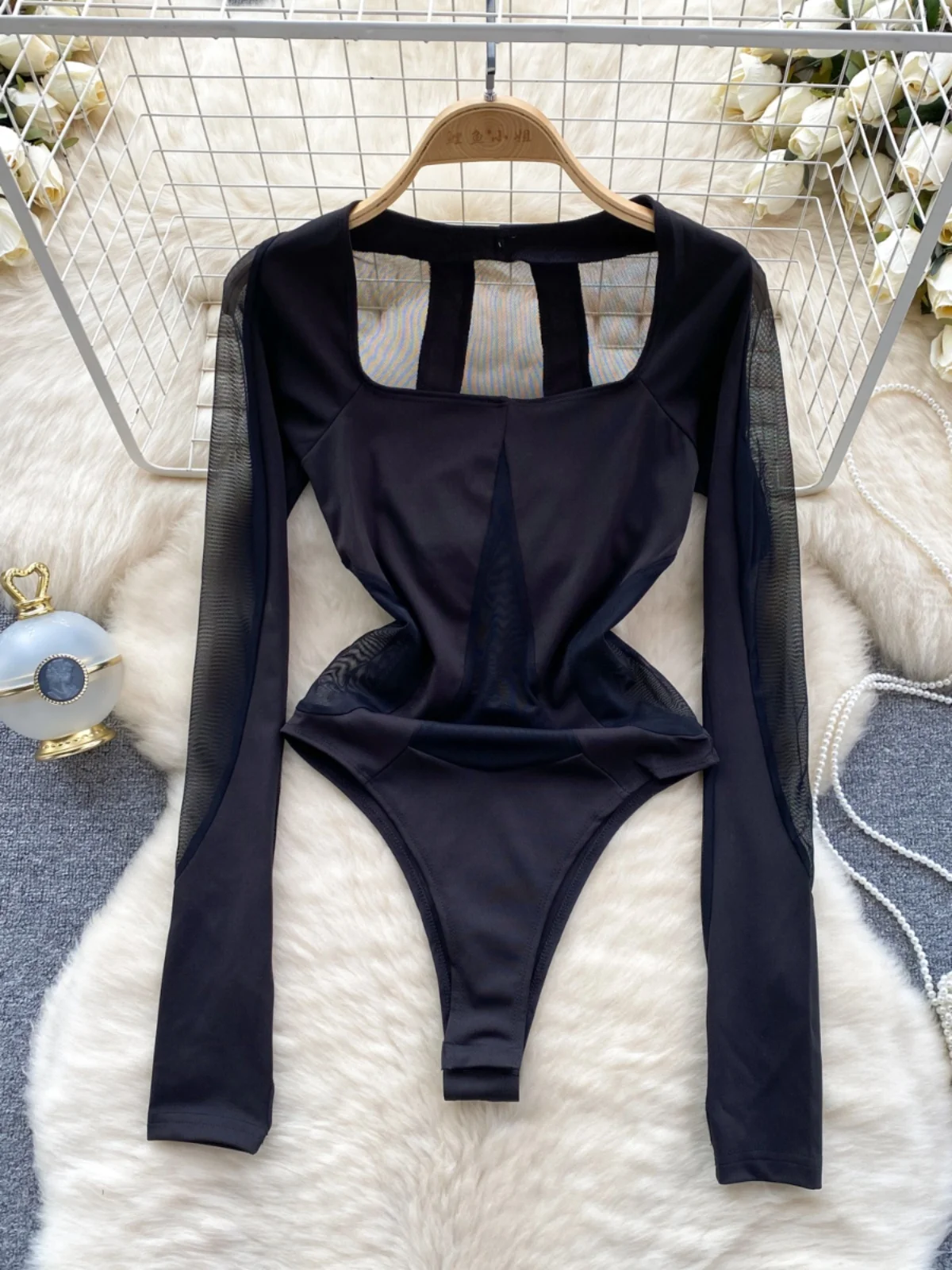 

Foamlina Women's Spring Autumn Long Sleeve Jumpsuit Black Perspective Mesh Splicing Tight One Piece Slimming Base Shirt Bodysuit