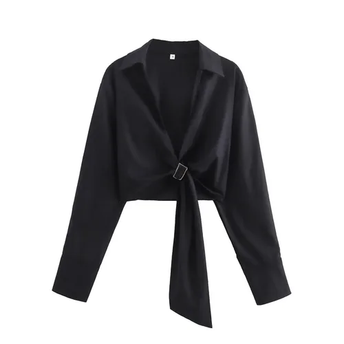 Imagen 1 del producto de las mujeres de la calle alta con diseño de la hebilla V-cuello corto camisa de estilo europeo y americano otoño nuevo color sólido nudo camisa