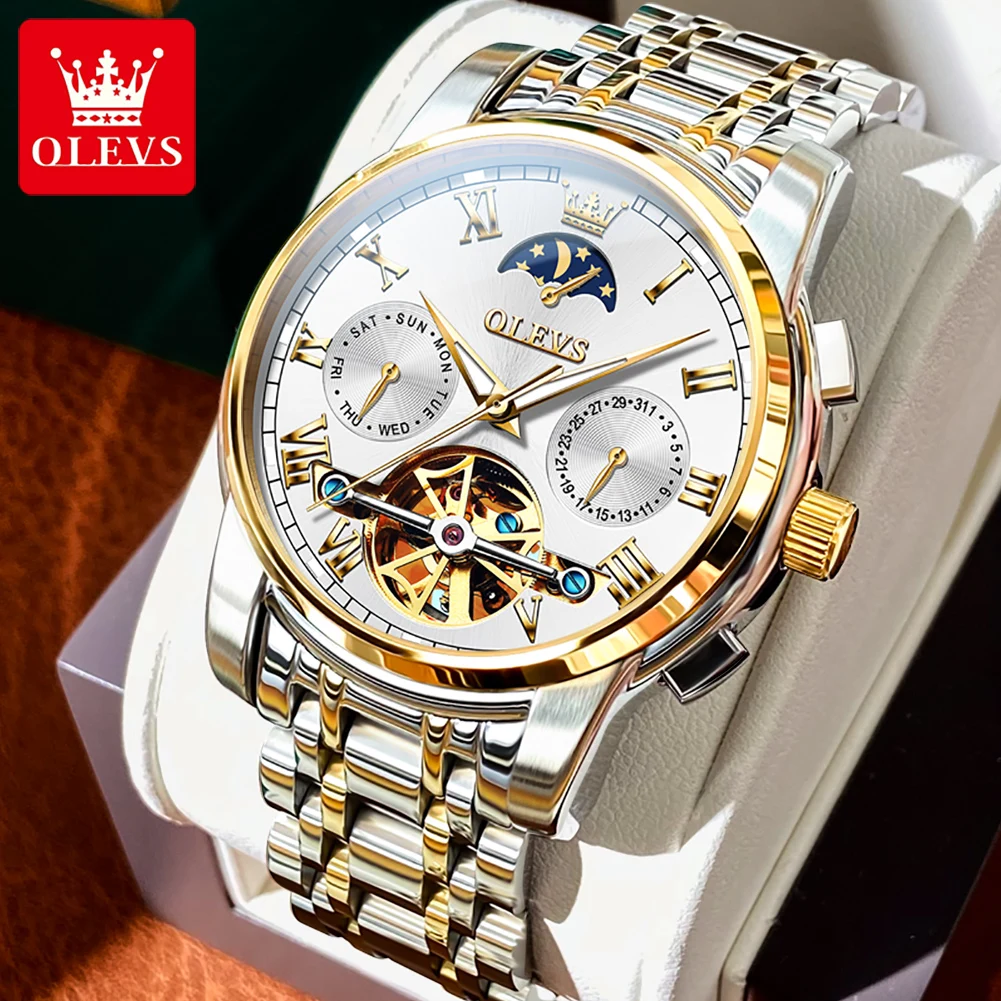 OLEVS 6617 Men\'s Watch Luxury Brand Skeleton Tourbillon Automatic Mechanical Watch Top Lunar Waterproof Men Watch Reloj Hombres