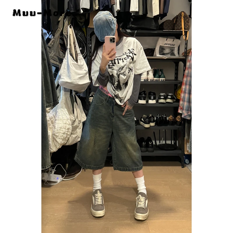 Women's Retro Wide Leg Denim Shorts Men Harajuku Washed Loose High Waist Jeans 2024 Summer Male Baggy Casual Fashion Shorts