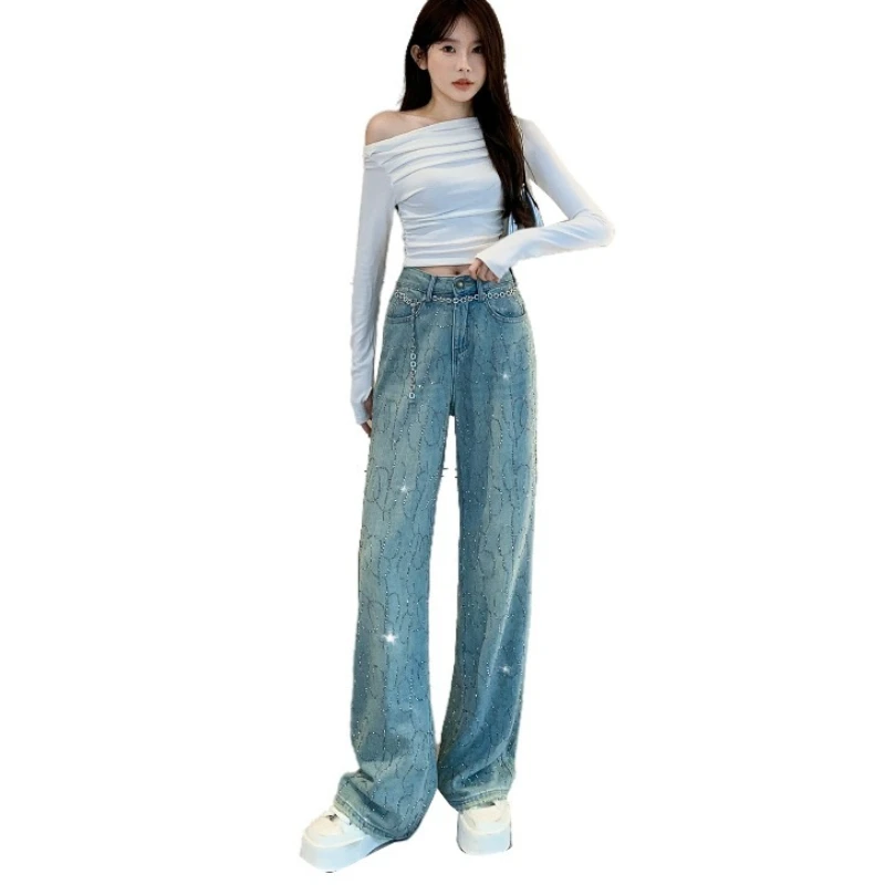 Europejskie spodnie jeansowe plus fleece, grube, luksusowe, z gradientem, zdobione cyrkoniami, z motywem gipsówki, proste, wąskie nogawki, spodnie dżinsowe.
