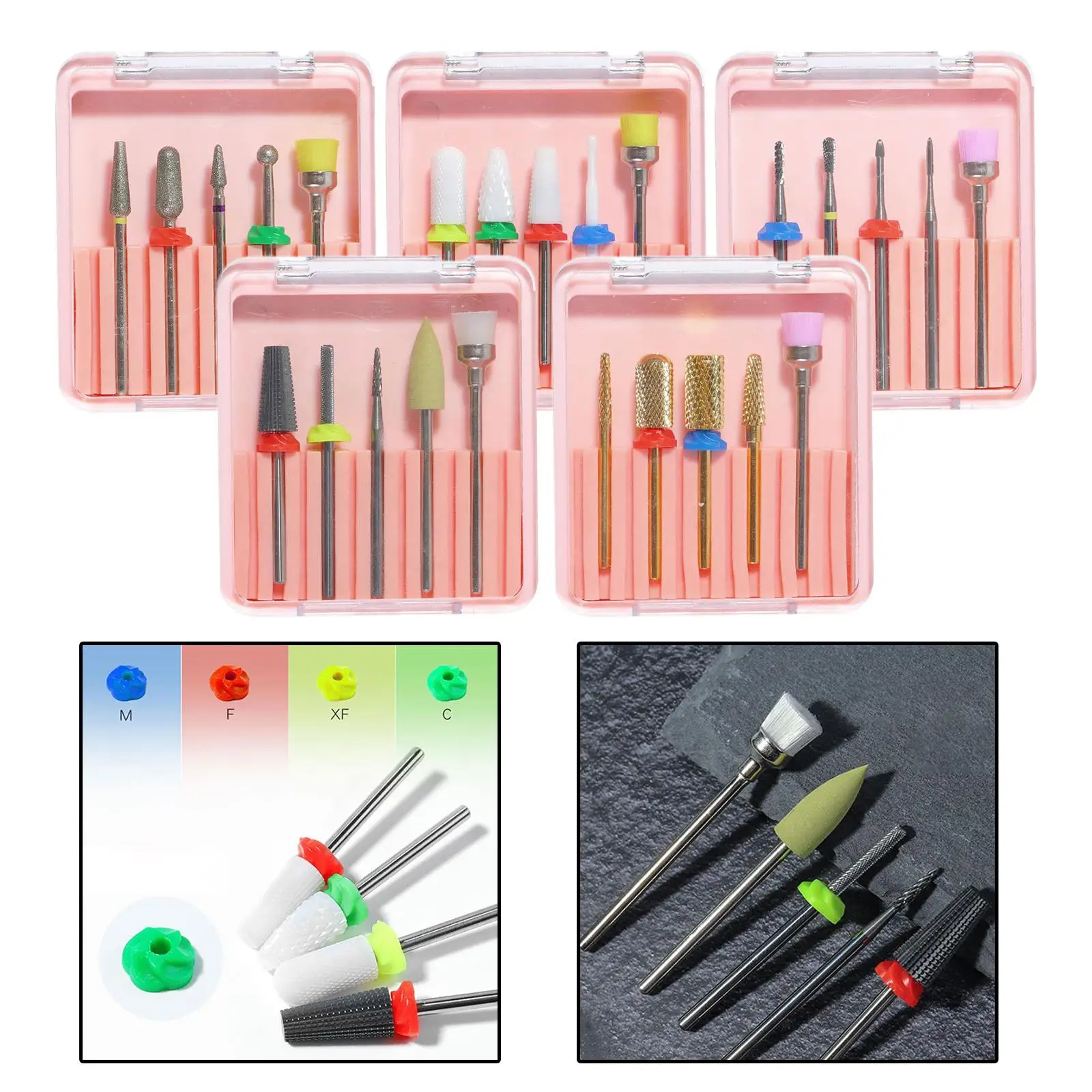 5 Pieces Bits, Tungsten Steel, Ceramic Kits for Remove Polishing Poly Acrylic Nails Manicure Home Use Salon Spa