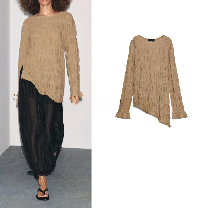 

Новая осенняя женская трикотажная длинная футболка с асимметричным подолом и круглым вырезом Ne с поясом, подставка из смеси хлопка и полиэстера