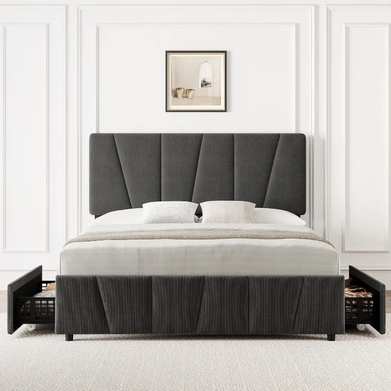 Struttura letto con testiera regolabile e 4 cassetti portaoggetti, struttura letto completa con piattaforma imbottita morbida con doghe in legno