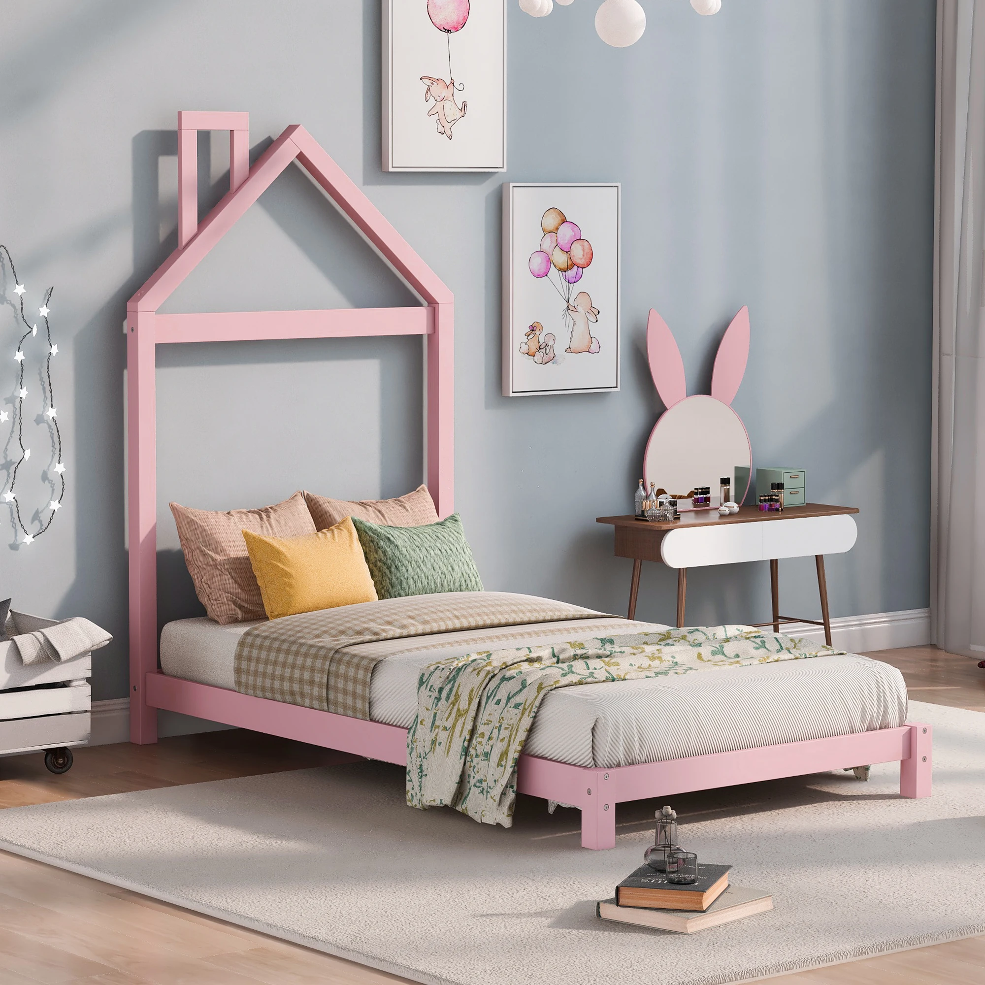 

Twin Size Wood Platform Bed with House-shaped Headboard (Pink)