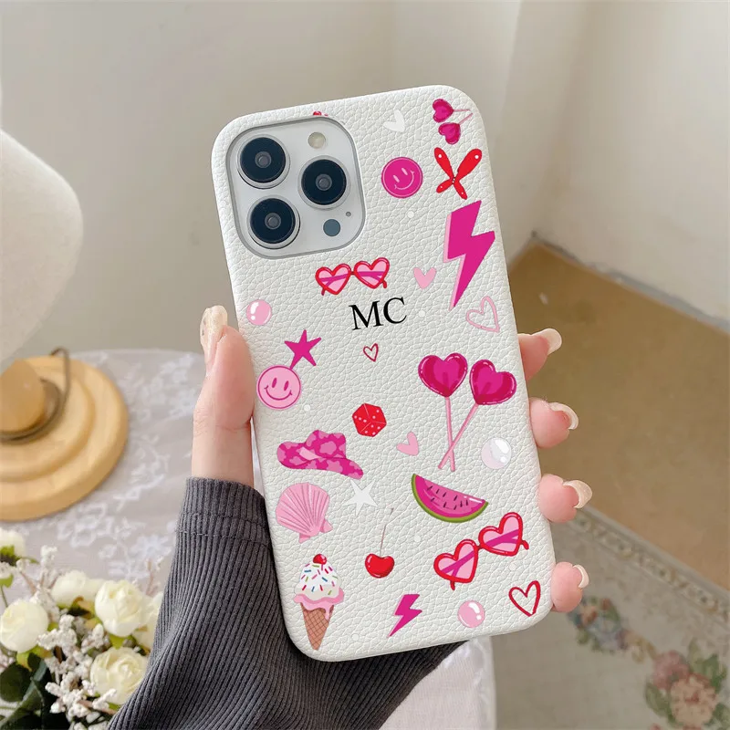 Fundas de cuero de grano de guijarro con nombre personalizado para iphone 11, 12, 14, 13, 15 Pro Max XS XR 14 16 Plus, fundas duras de PU de lujo