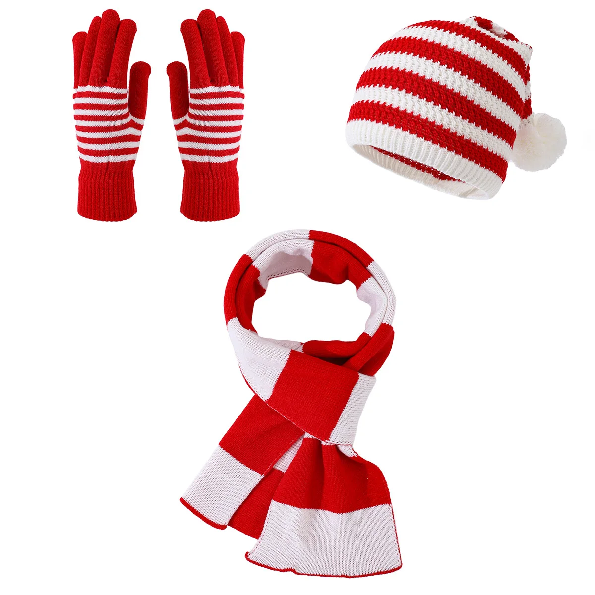 Christmas Knit Set Red White Striped Beanie Hat Pom‑pom Scarf Gloves Warm Knitted Kit for Winter Festive Daily Costume Accessory