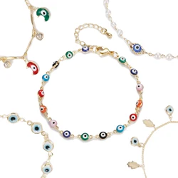 Women's Amulet Evil Nazar Eye Chain Charm Bracelet Vintage Drip Oil Fatima Hand Wristband Bracelets Stainless Steel Jewelry