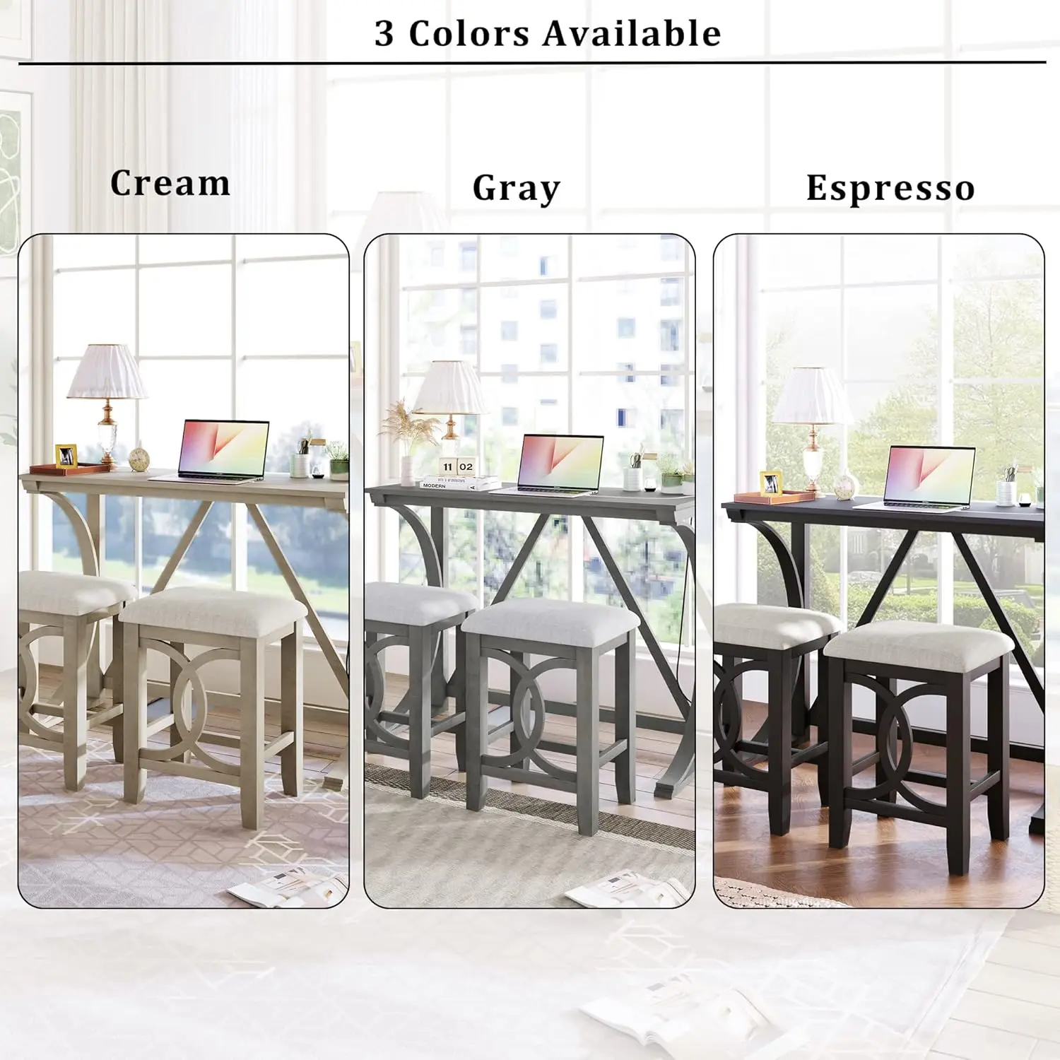 3 Piece Bar Dining Table Set, Counter Height Kitchen Table Set With Usb Port And 2 Upholstered Stools, Farmhouse Breakfast