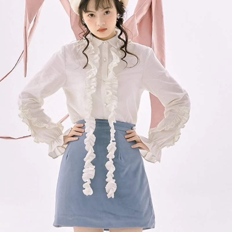 Lolita Corduroy Vintage Cute White Ruffles Cotton Long Sleeve Shirt Removable Lace Turn-down Collar Versatile Age Reducing Top
