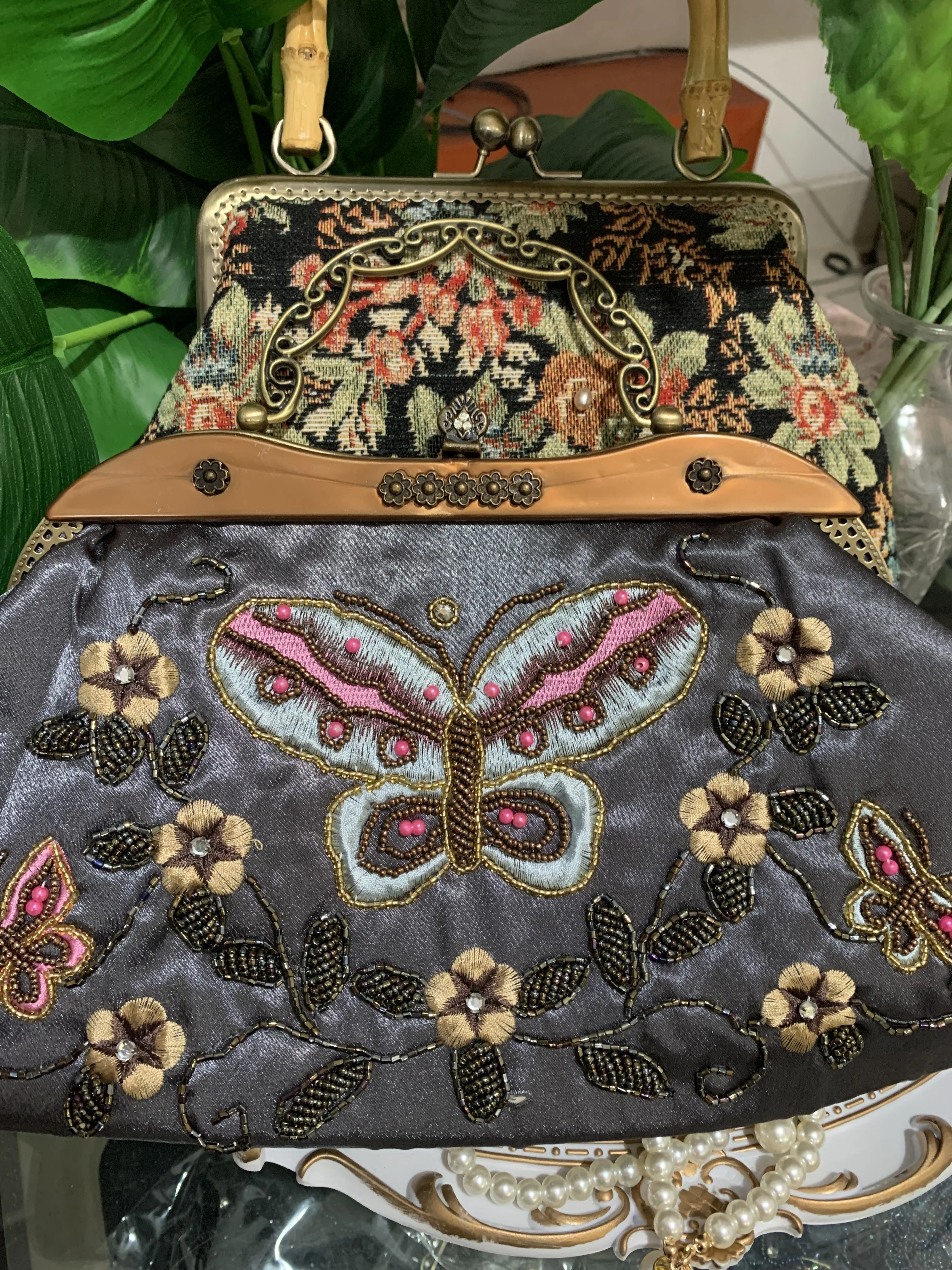 Lost in Vintage Inspired Grey Butterfly Embroidered Beaded Clutch with Filigree Handle with Chains Metal Frame Art Deco Purse