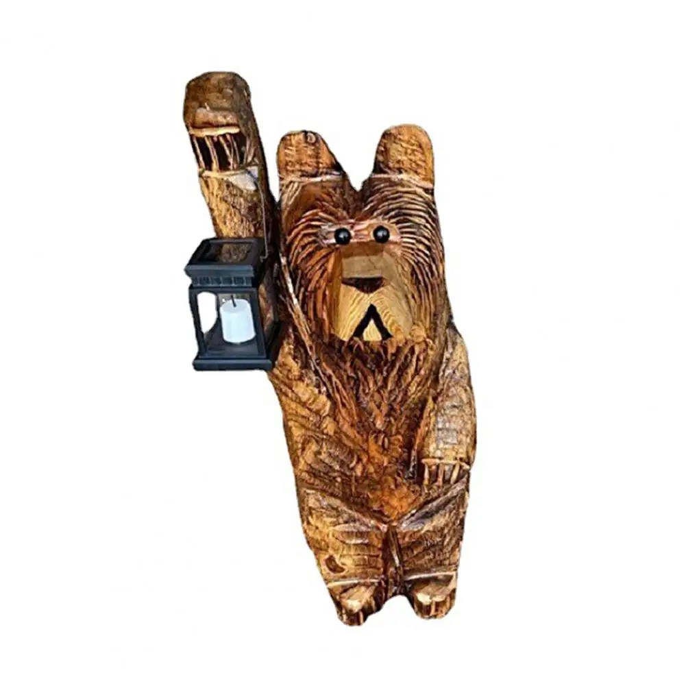 Garden Statue Standing Delicate Texture Handicraft Synthetic Resin Carved Bear Figurine With Solar Lantern Home Decor