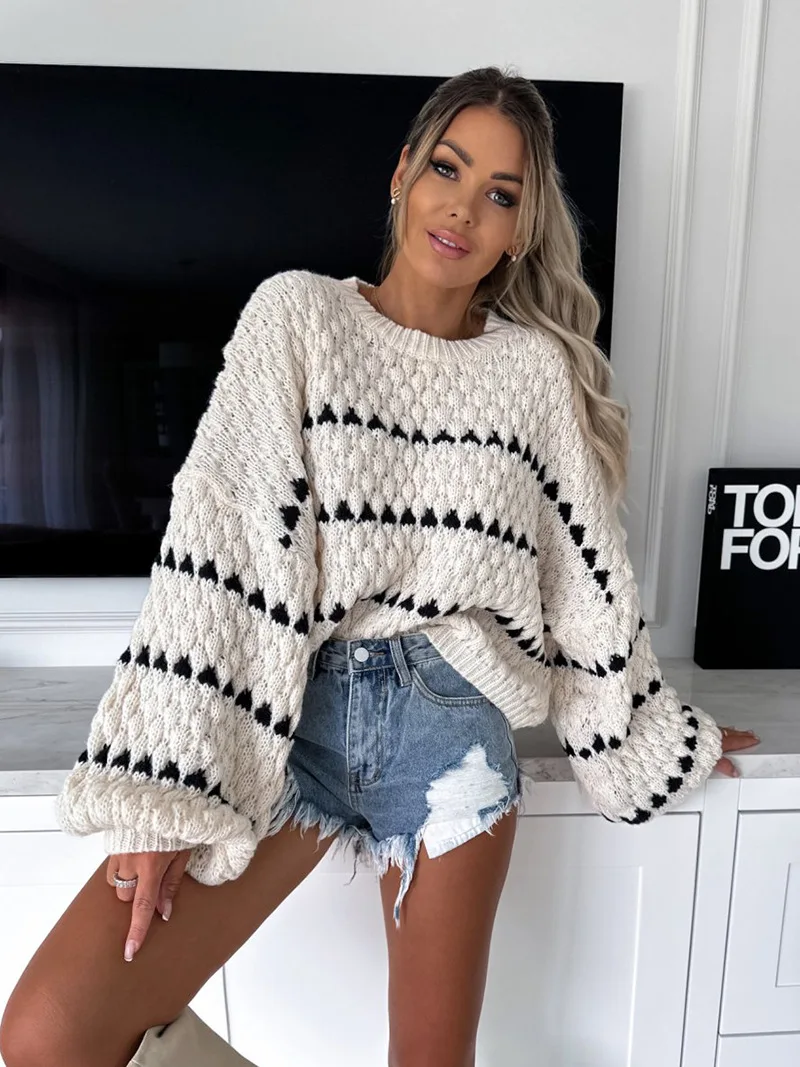 

Autumn And Winter New Women's Sweater Fashion Casual Coarse Needle Hemp Flower Striped Round Neck Loose Jumper Simple All-match
