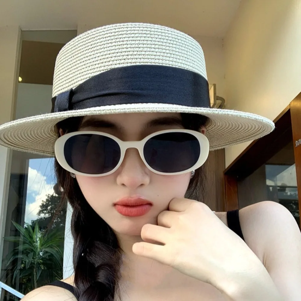 

Sunscreen Elegant Straw Woven Hat French Style Breathable Beach Flat Top Hat Sunshade Wide Brim Women's Sun Hat Spring