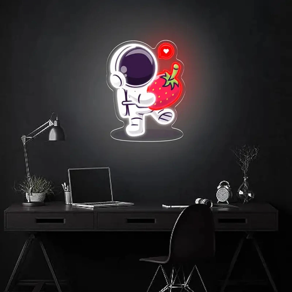 Astronaut Bring Strawberries Fruit Custom LED Bar Neon Lights Sign Bar Club for Cafe Coffee Bar Party Teen Wall Decorative Lamp