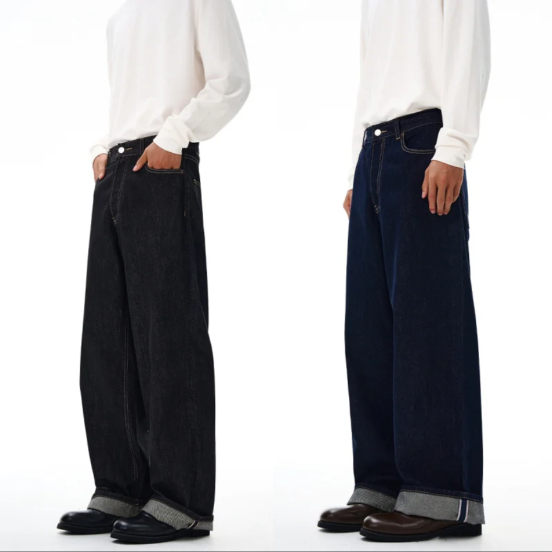 Jeans da uomo con bordo arrotolato a gamba dritta di colore originale moda autunnale 20225, pantaloni lunghi larghi e versatili in stile giapponese