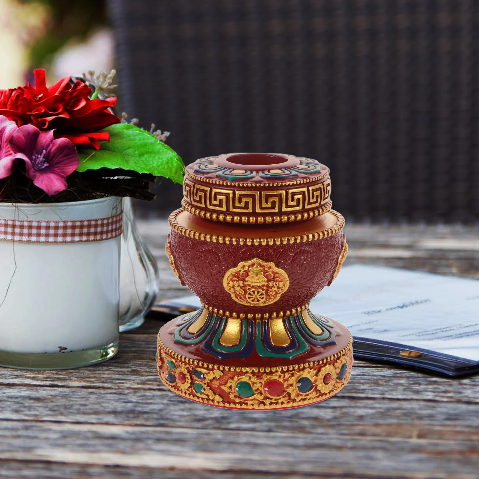 

Prayer Wheel Holding Base Resin Display Stand Buddha Fixing Holder Bright Color Intricate Design Practical Storage