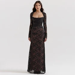 2024 Summer Women Vintage Elegant Long Sleeve Lace Maxi Dress Slim Evening Cocktail Party Dresses Chic Back Bandage Outfit Robe