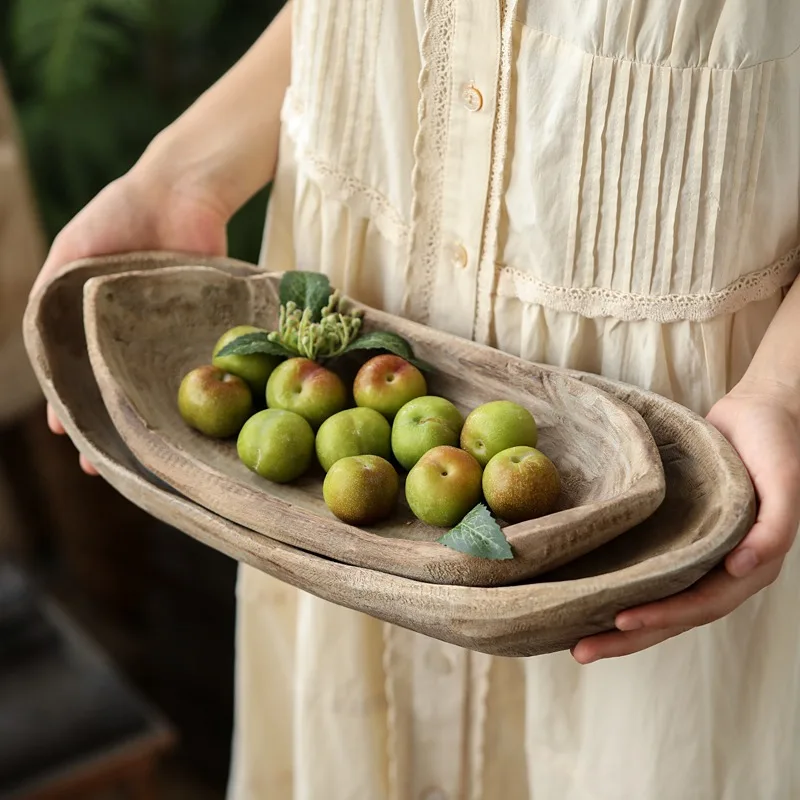 Wabi-sabi Japanese Wooden Boat-Shaped Snack Tray Rustic Boho Home Decor Fruit Dish for Snacks Handcrafted Jewelry Dish Bowl