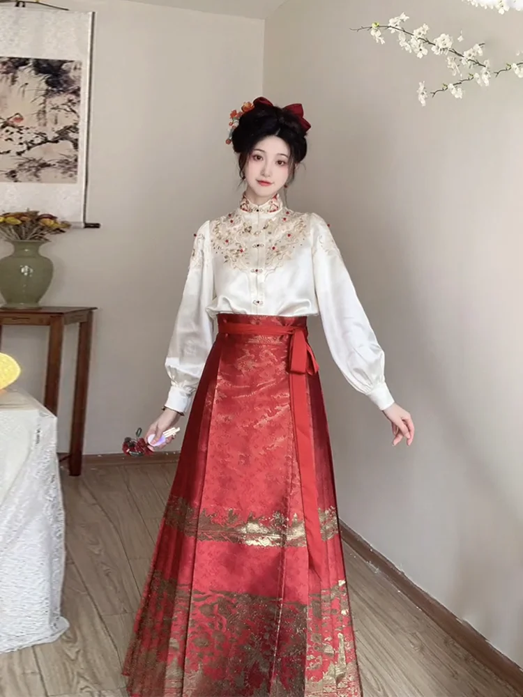 

Новая улучшенная юбка hanfu в китайском стиле династии Мин с изображением Красной лошади, Женская Восточная одежда, комплект ханьфу для весеннего фестиваля, 2024