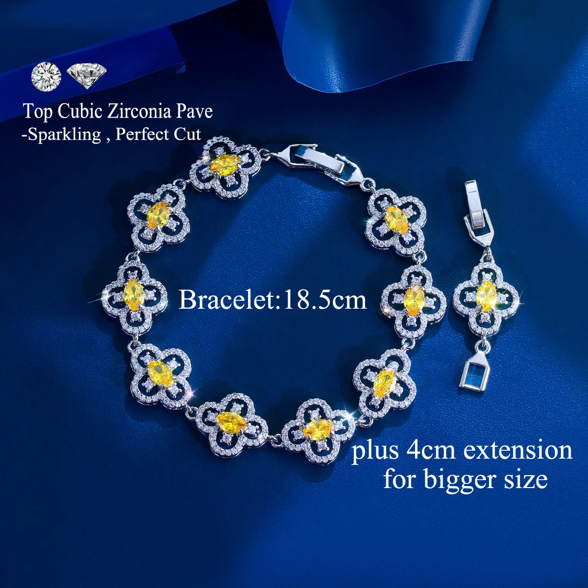 CWWZircons Luxuriöses Gelb-Rosa-Weiß-Blau CZ Großes Vierblättriges Blumen-Tennisarmband für Damen Hochzeit Party Schmuck Großhandel S0282 – Detail 1