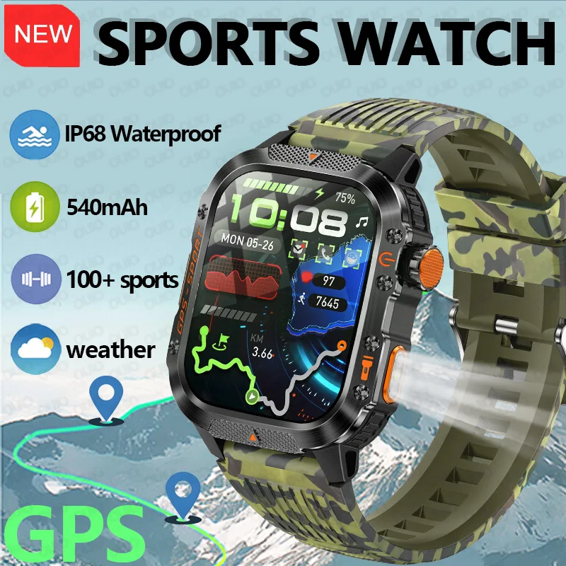 

Новые GPS Смарт-часы Светодиодный фонарик 540 мАч 100+ Спортивный режим Высота Компас IP68 Водонепроницаемые погоды Bluetooth Вызов Смарт-часы