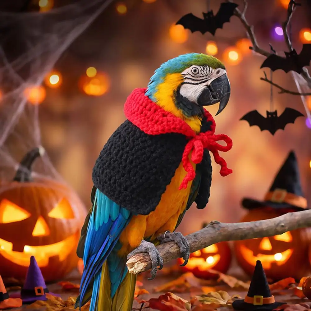 Knitted Pet Bird Clothes Halloween Parrot Vampire Cape Knitted Cosplay Cloak with Collar Crochet Bird for Holiday for Parrots
