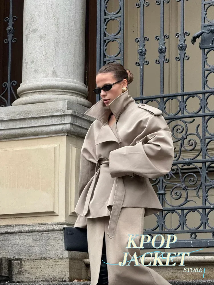 Elegant Lace Up Solid Overcoat Women Chiclapel Collar Button Full Sleeve Loose Coat Autumn Female Street New Oversize Outerwear 2 Elegant Lace Up Solid Overcoat Women Chiclapel Collar Button Full Sleeve Loose Coat Autumn Female Street New Oversize Outerwear 2