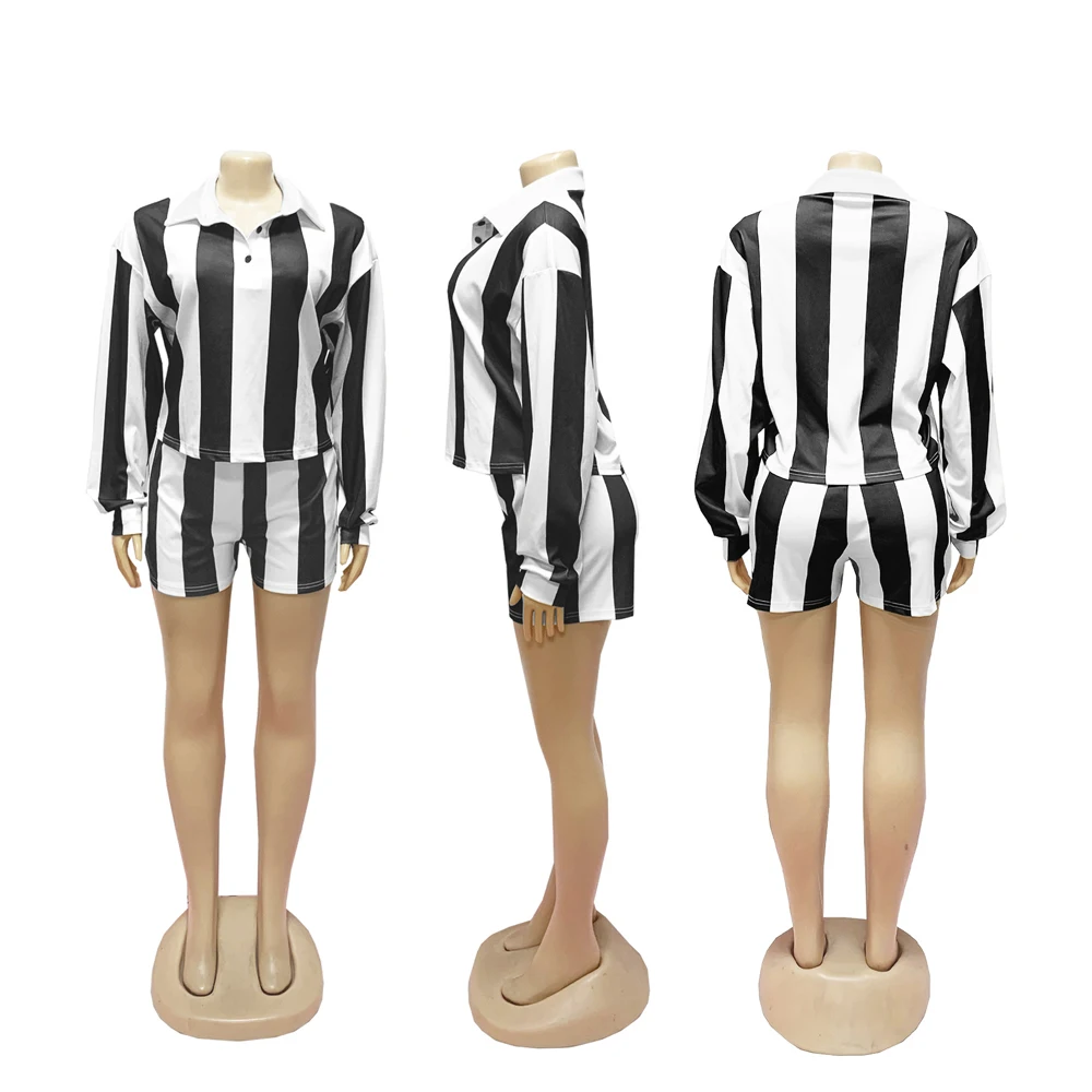 Damenbekleidung, modisch, gestreift, langärmelig, Polo-Ausschnitt, T-Shirt und Shorts, 2022, Frühling, Sommer, 2-teiliges Set, Trainingsanzug – Detail 18