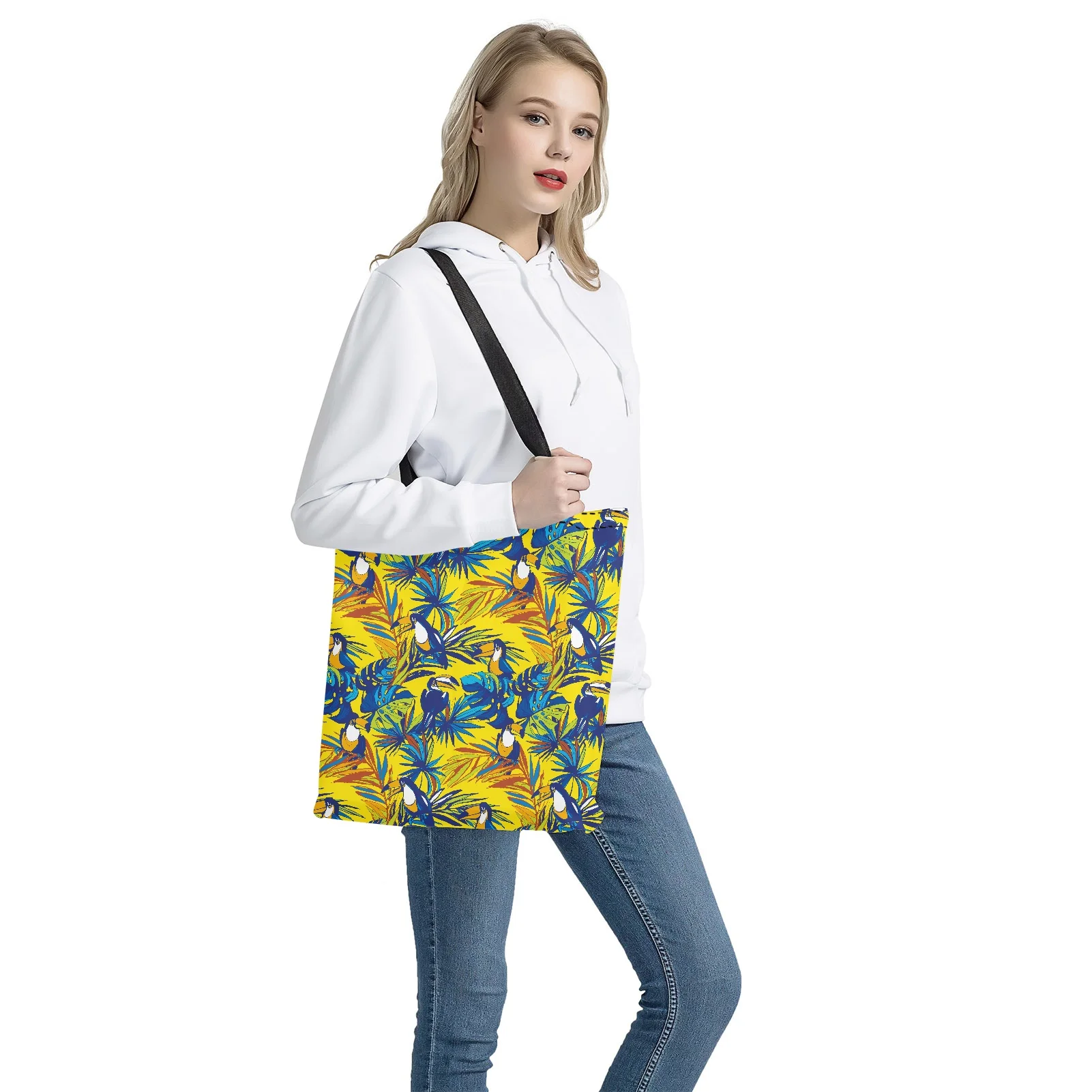 Women Canvas Shoulder Bag Toucan Printted Shopping Bags Students Book Bag Shopping Bag Handbags Large Capacity Tote For Girls