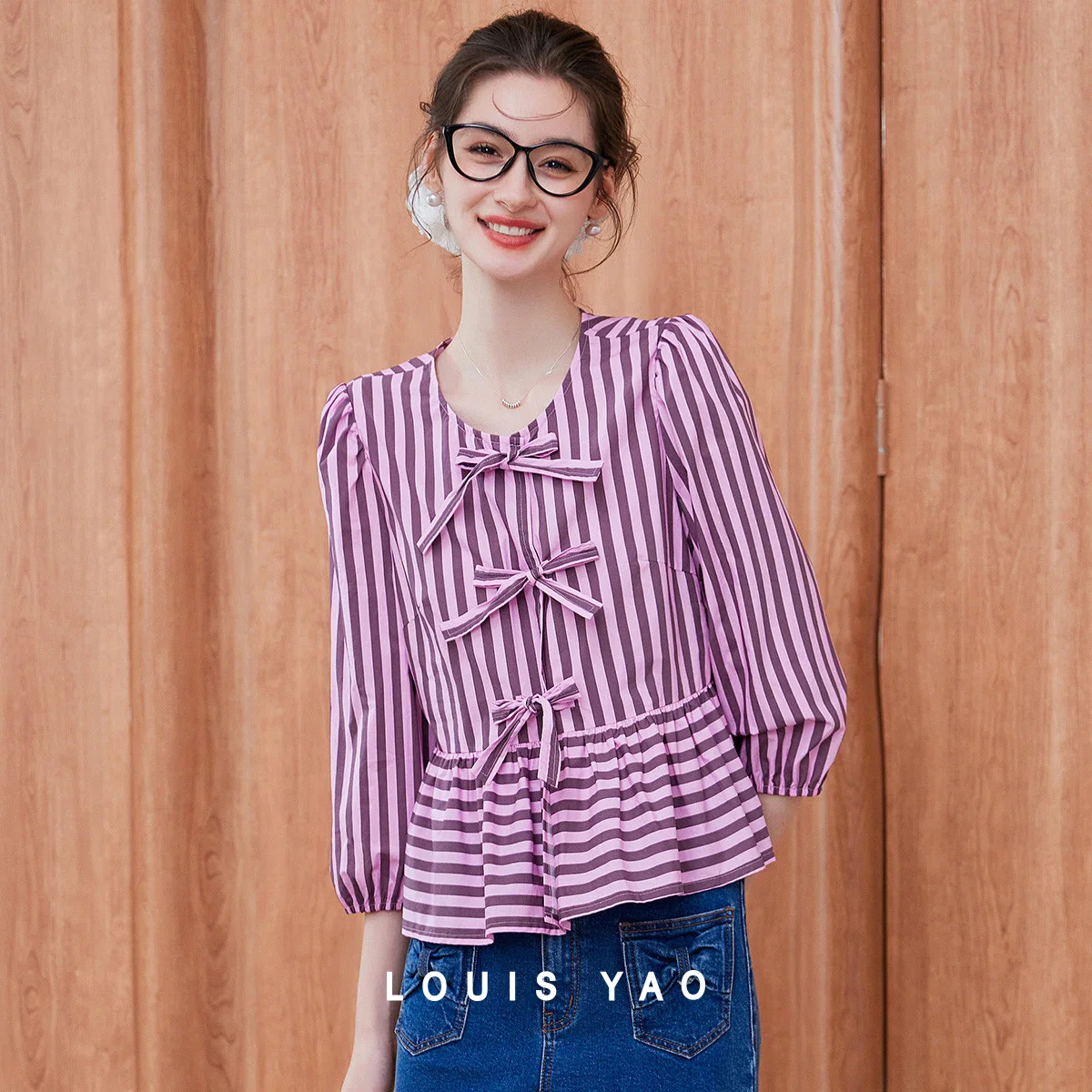

LOUIS YAO Sweet Bow Design Blouse 2026 Spring/Autumn Elegant Age-Reducing Cardigan with Ruffle Hem Shirt