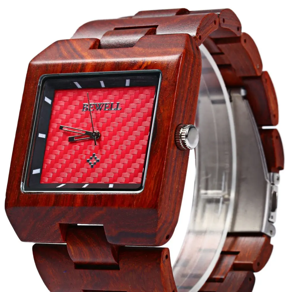 Bewell Wood Watch Men Fashion Wrist Watch, Wooden Band Rectangle Dial Analog Wristwatches, Water Resistant Casual Watches