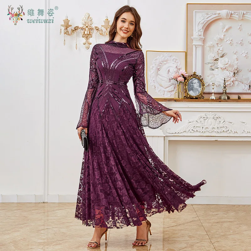

Elegant Sequin Bead Embroidery Patchwork Lace Evening Gown with Flared Long Sleeves and Waist Cinching Dance Party Evening Dress