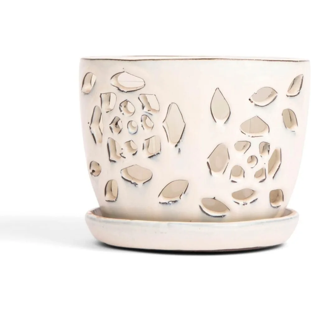 

5-дюймовый керамический горшок для орхидей с цветочным вырезом и отверстиями, включает вкладыш с прорезями из белого бриллианта